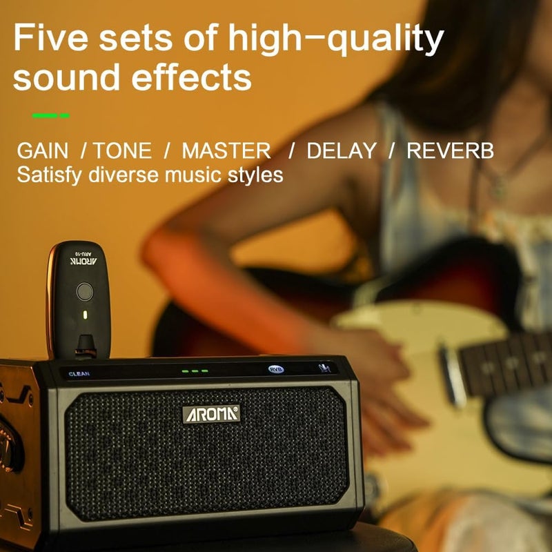 Ulumac Aroma Portable 10W Mono Electric Guitar Practice Amp with Bluetooth 5.3 & OTG Direct Recording, 5-Channel Reverb/Delay Effects, 20 Drum Rhythms, Headphone Jack, 5.5H Working (No Stereo Output) - Image 2